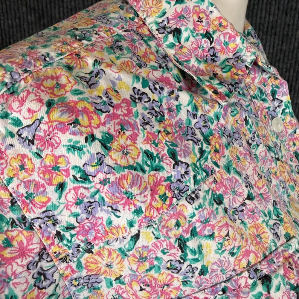 Vintage Ditsy Floral Button Up Shirt Womens L Pink Yellow SS Cottage Western